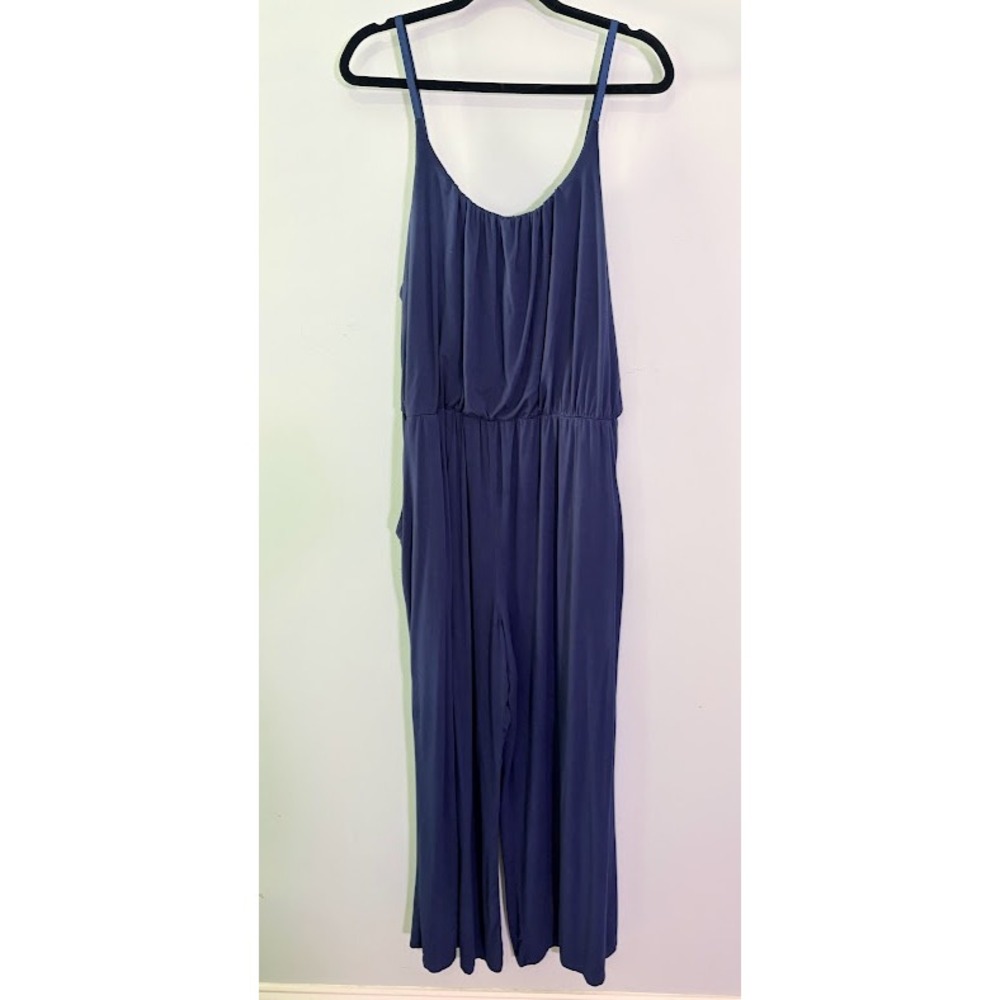 Kaileigh Jumpsuit Womens Plus Size 3X Navy Blue Wide Leg Blouson Pockets